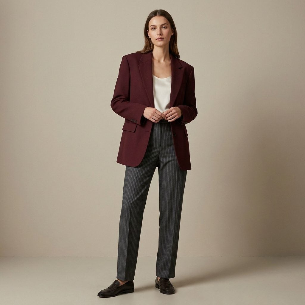 31. Burgundy Jacket, Gray Pinstripe Trousers, and an Ivory Shell
