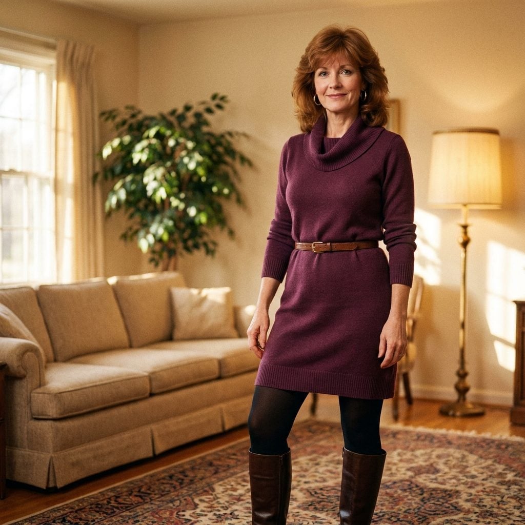 Plum Cowl-Neck Sweater Dress With Tall Boots