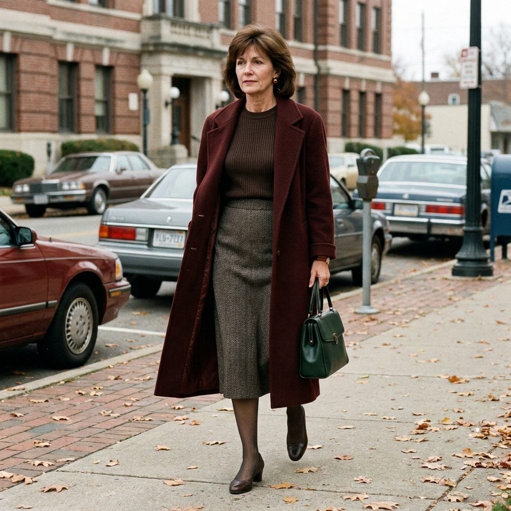 Espresso Ribbed Knit, Herringbone Walking Skirt, and Long Oxblood Coat