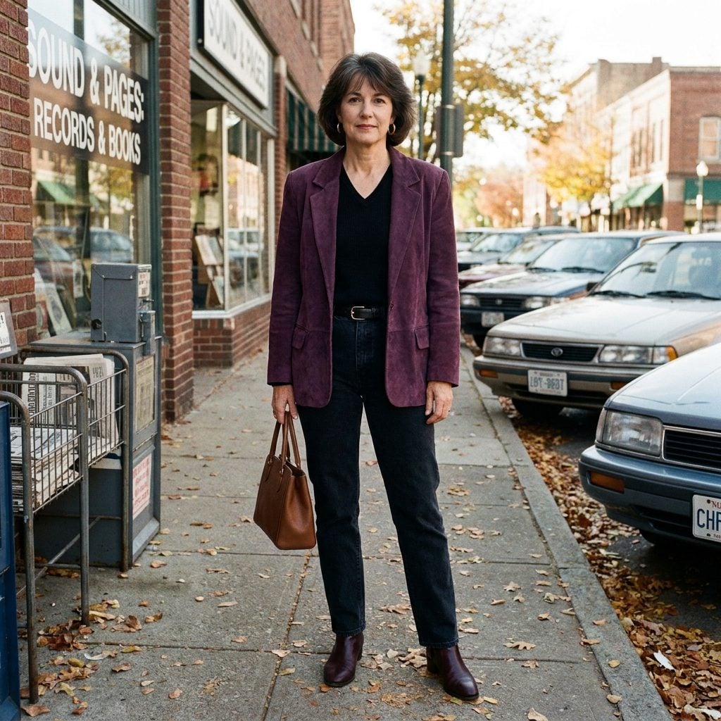 Aubergine Suede Blazer Over a Black V-Neck and High-Rise Dark Denim