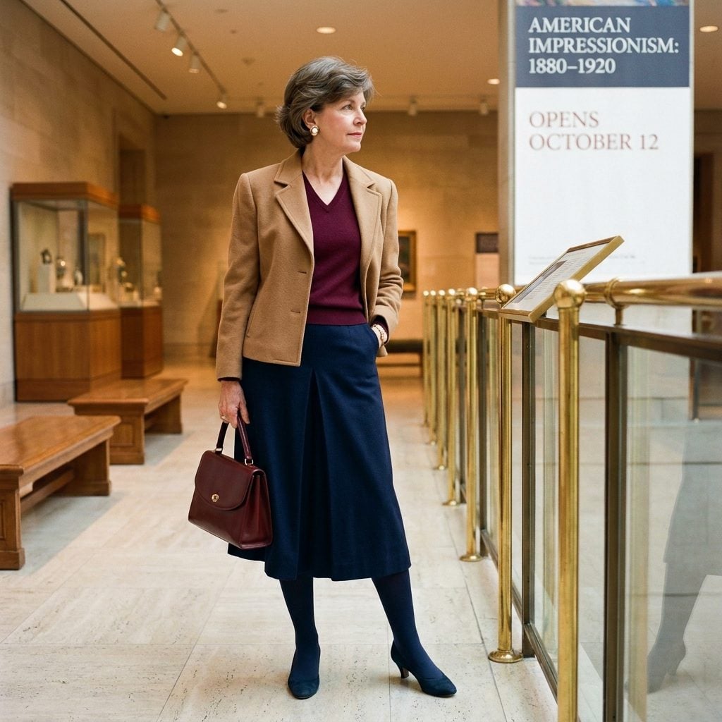 Navy Wool Culottes, Burgundy Fine-Gauge Knit, and Cropped Camel Jacket