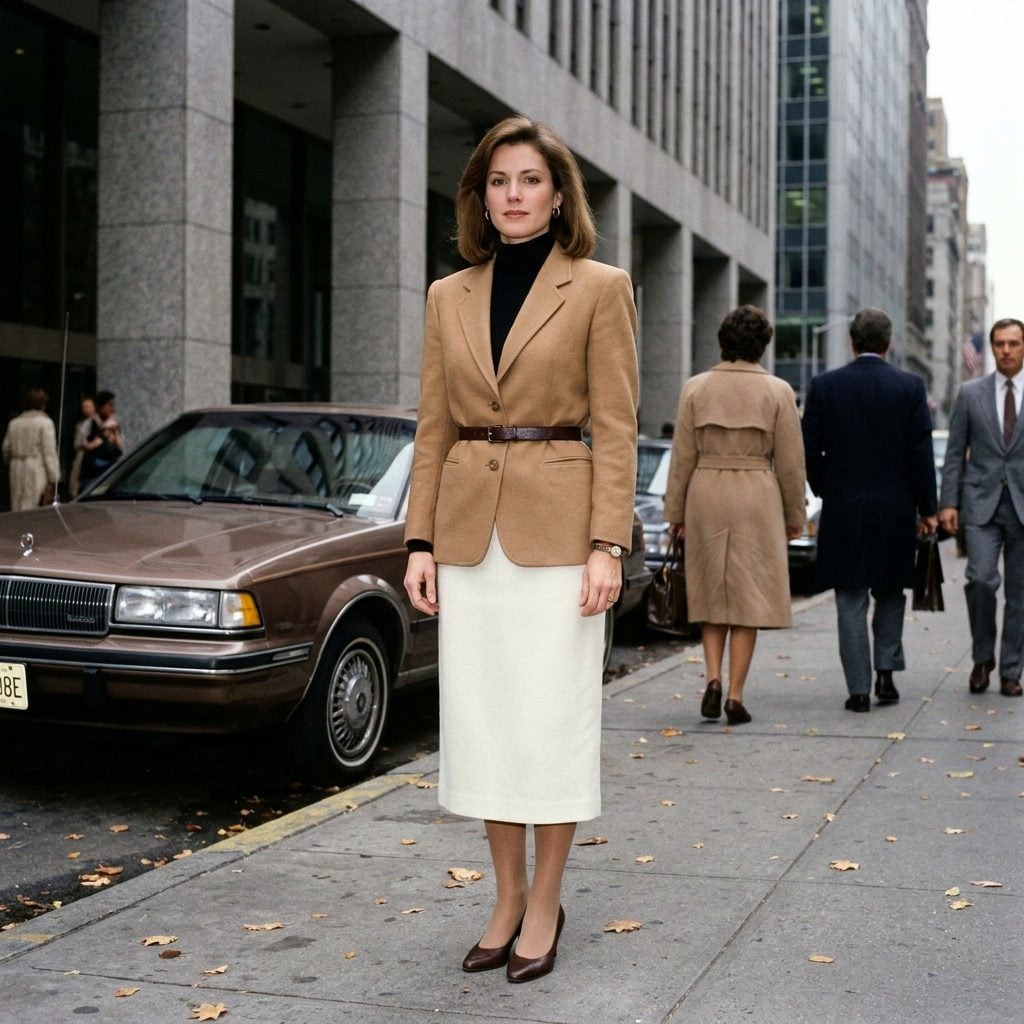 37. Winter-White Skirt, Black Turtleneck, and a Belted Camel Blazer