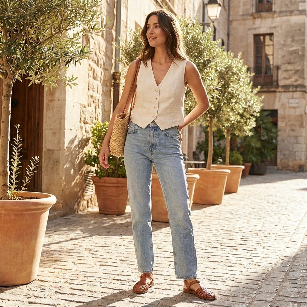 Paired With a Sleeveless Linen Vest and Strappy Sandals