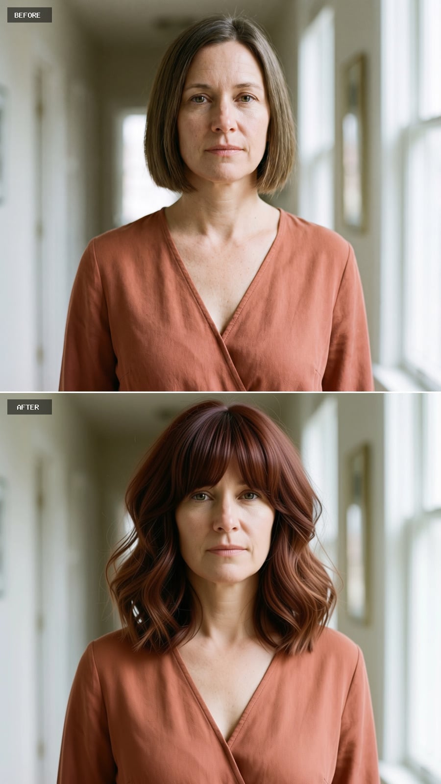 Burgundy-to-Brown Waves With Bangs That Finally Gave Her Face a Focal Point