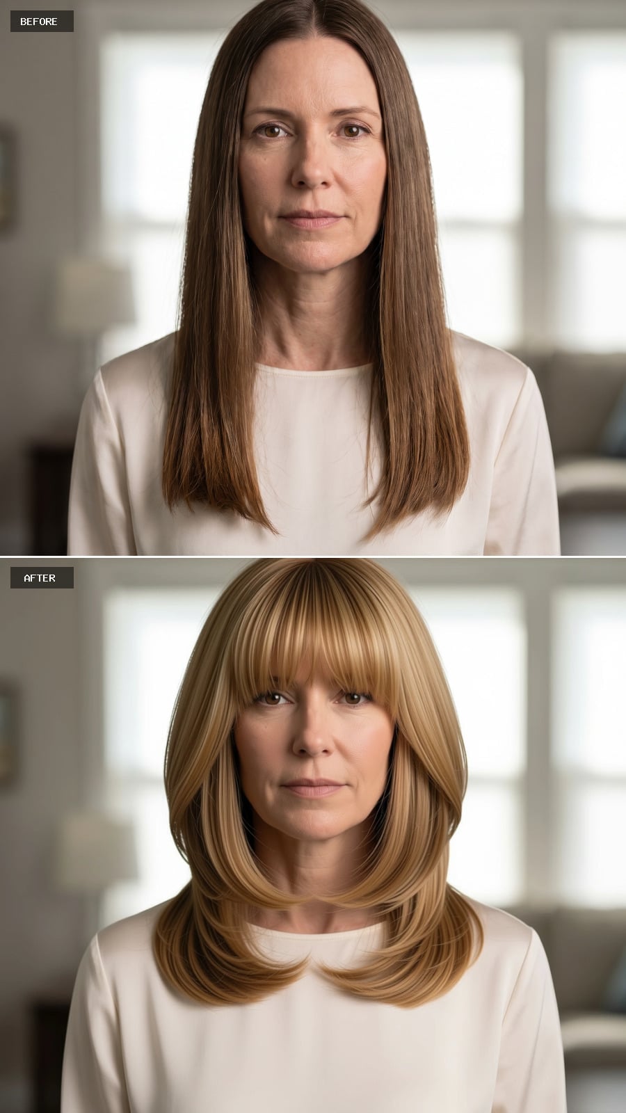 Blonde, Layered, Bangs Forward: When the Cut Does the Lifting