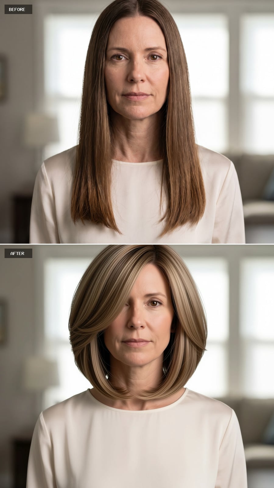Blonde Streaks Cut Into a Bob This Full Make 46 Look Like It Has Somewhere To Be