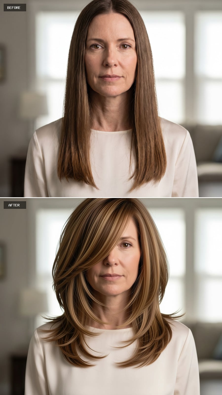 Layers Cut This Wide and Highlighted This Warm Make the Face Look Like It Has Space Again
