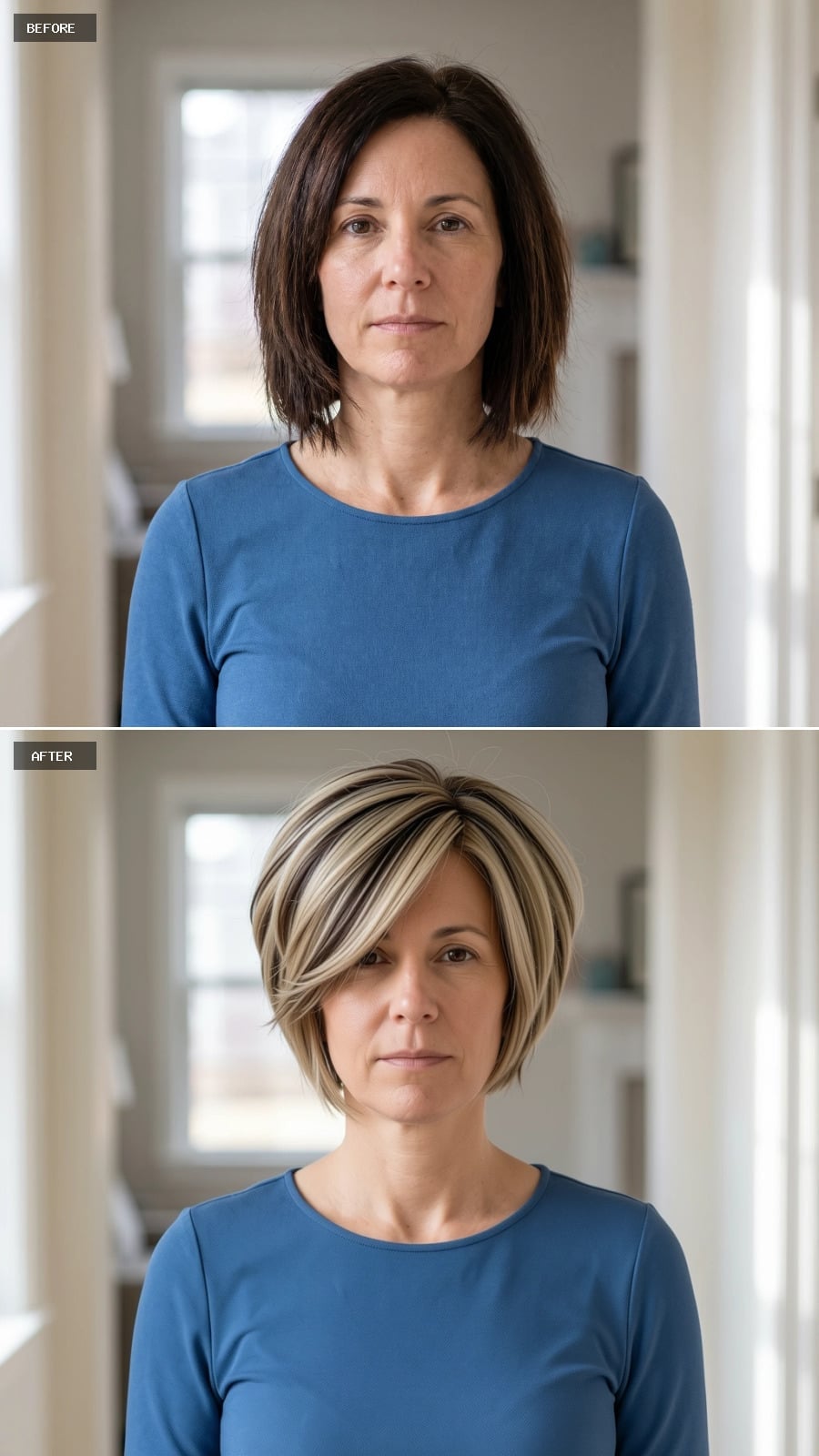 Blonde Highlights on a Stacked Bob That Finally Match the Face Looking Back at Her