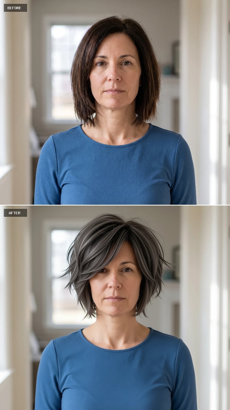 Gray-Brown Layers, Swept Fringe, and the Cut That Rewrote Her Whole Silhouette