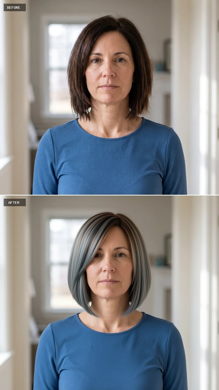 Slate-and-Silver Striping on a Bob That Makes Dark Hair Look Like a Deliberate Past