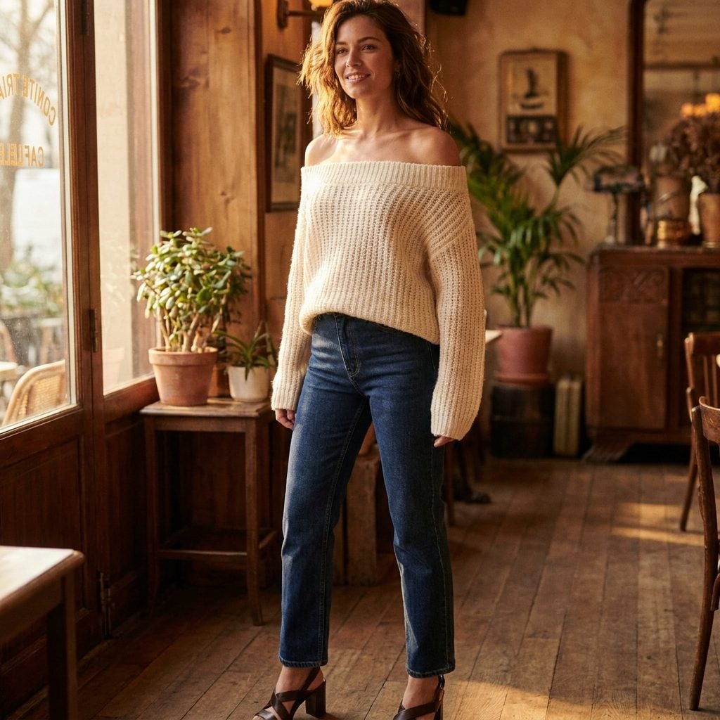 Worn With an Off-the-Shoulder Knit Sweater and Heeled Sandals