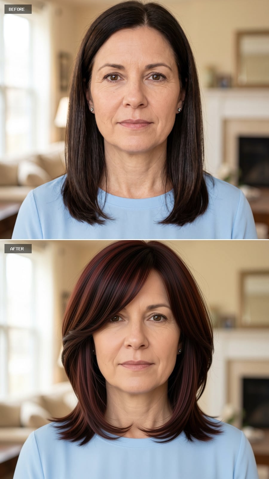 Burgundy Highlights With a Side Sweep That Moves the Eye Away From the Jaw