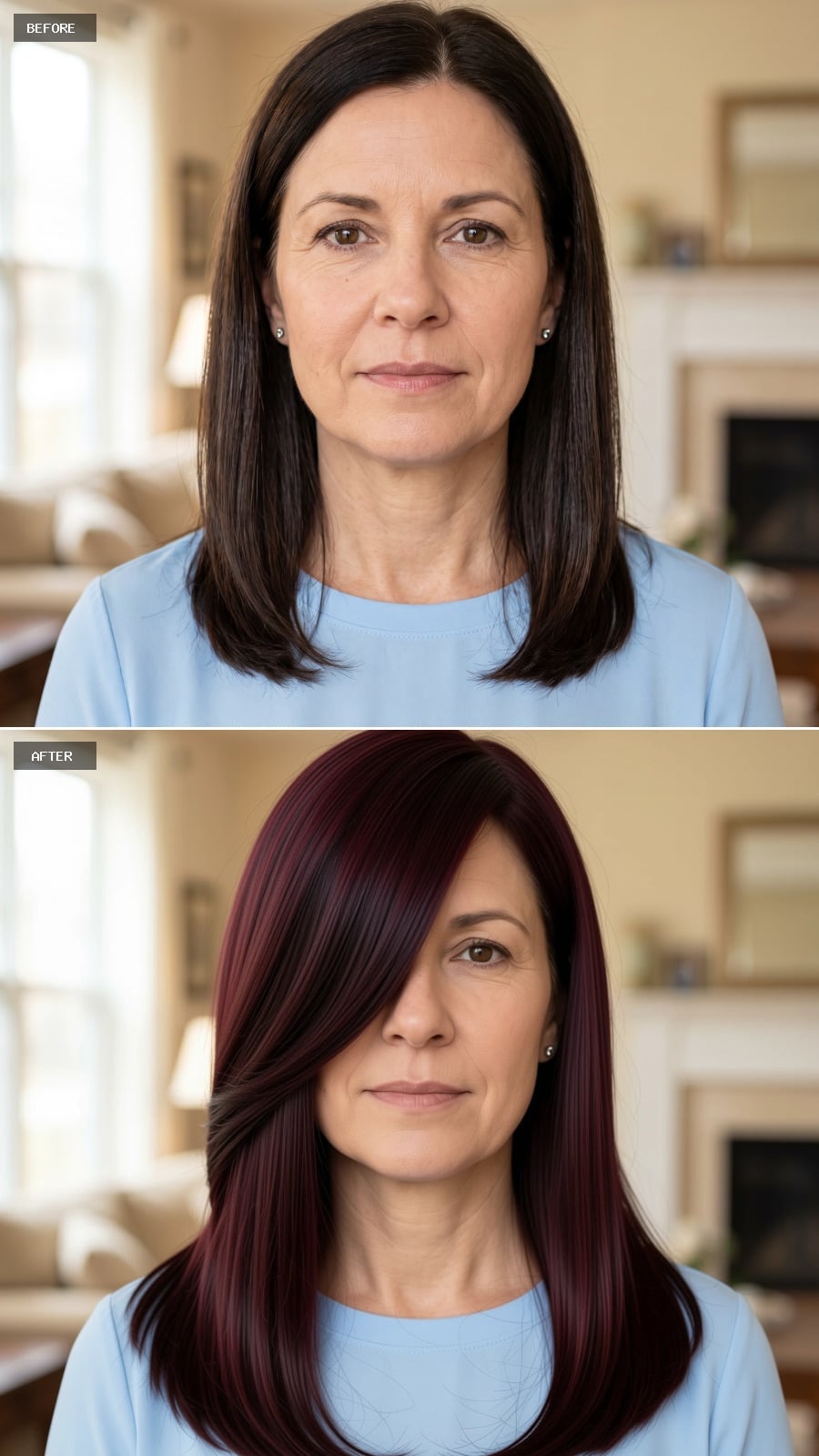 Burgundy Layers With a Side-Swept Bang That Redraws the Jaw From the Top Down