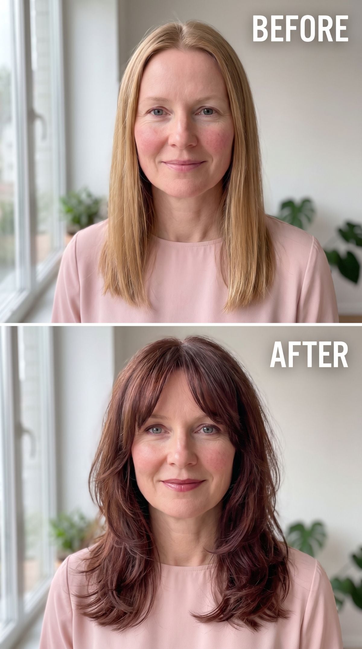Dark Auburn and Bangs Gave Her Face What Blonde and Blunt Never Offered