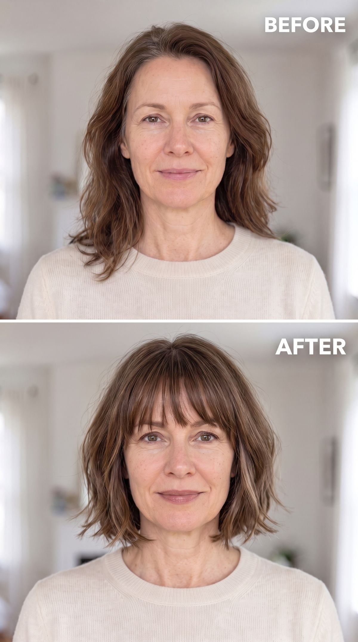 Chin-length bob with full bangs replacing longer brown waves