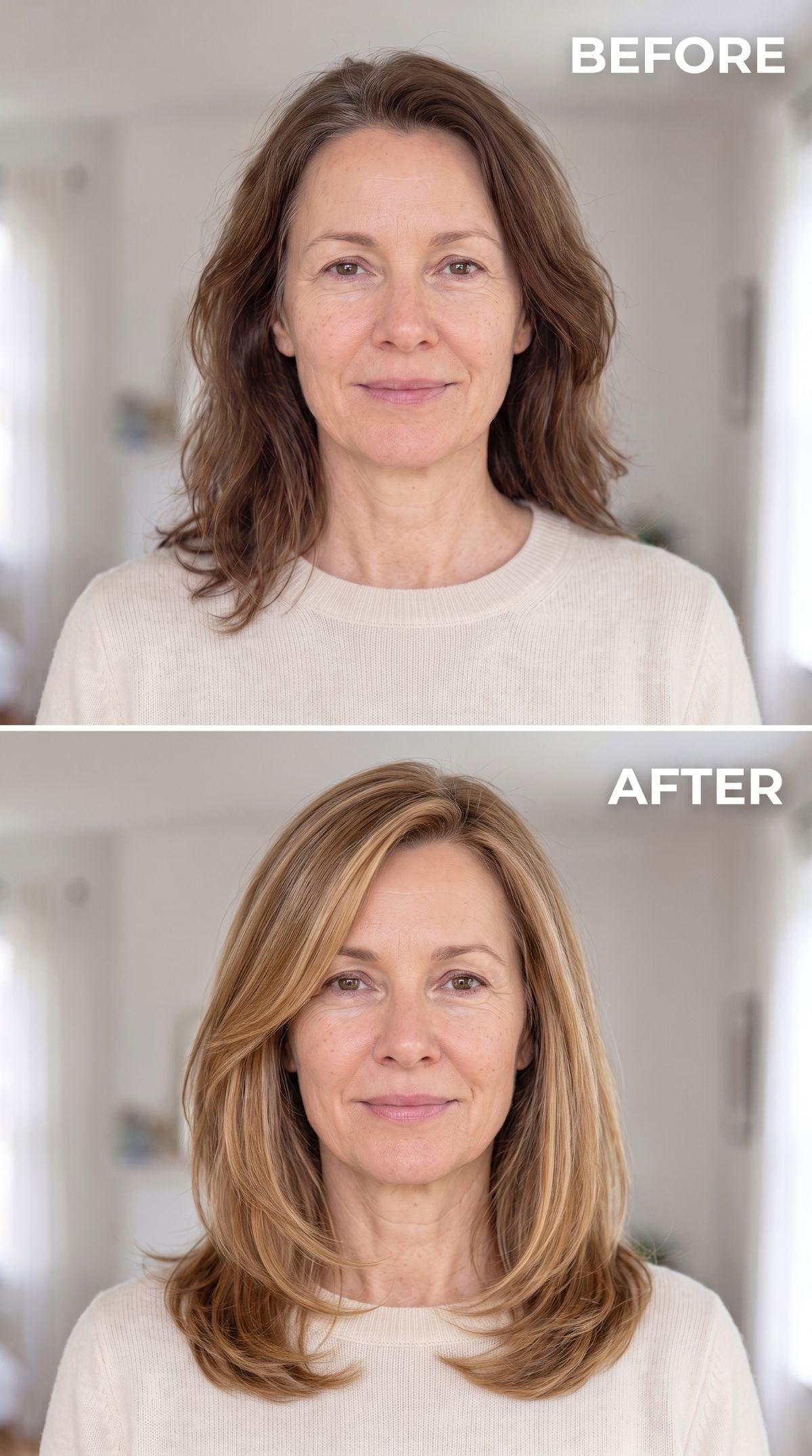 Mid-length brunette hairstyle with warm face-framing blonde highlights