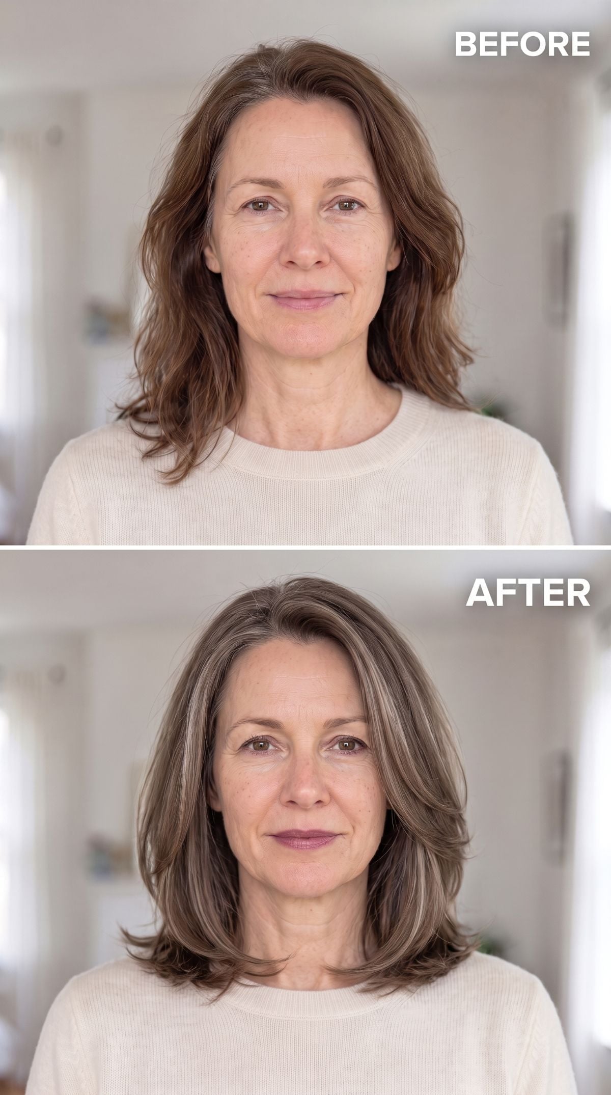 Collarbone-length gray-blended layered hairstyle