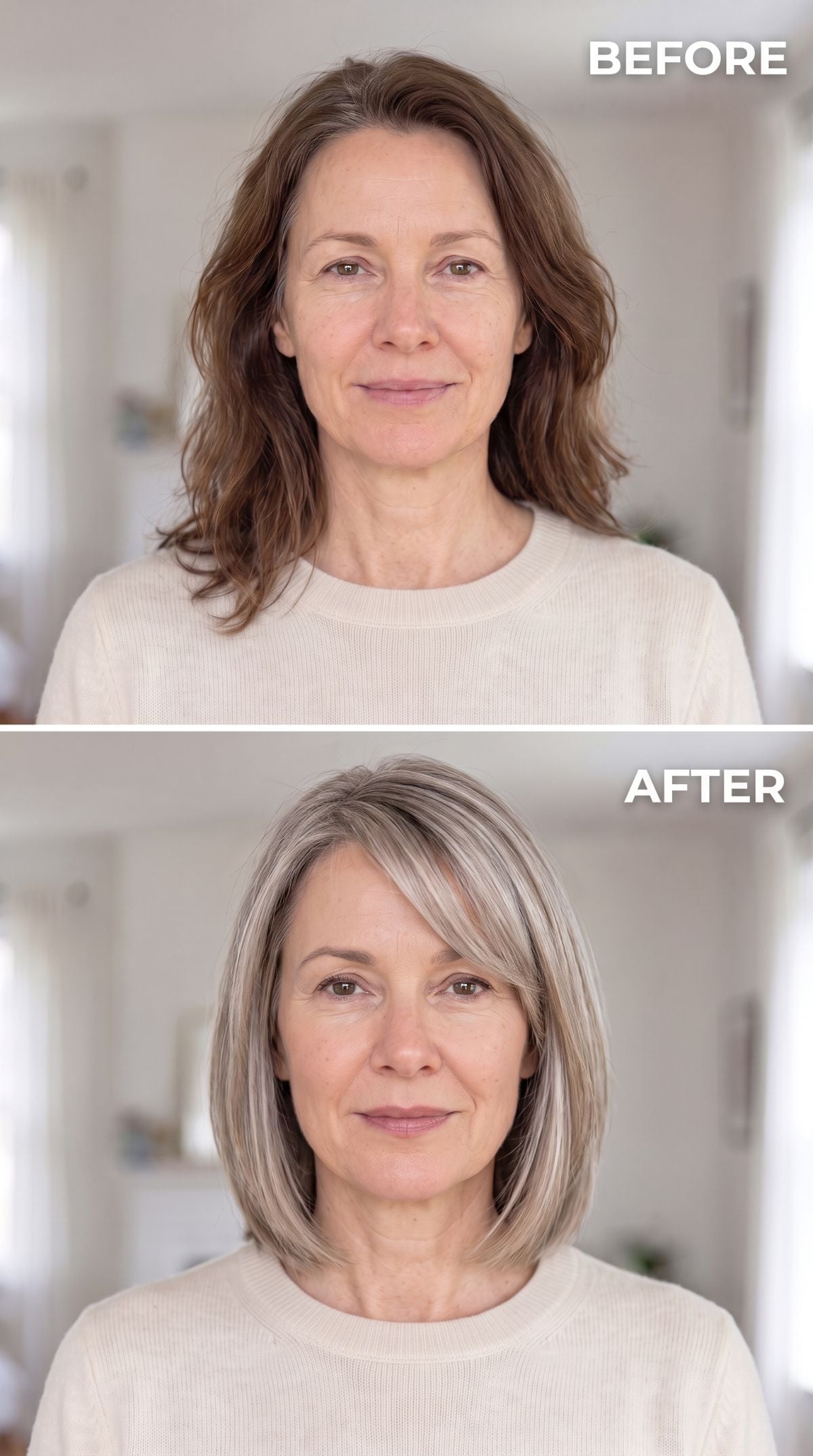 Jaw-length silver bob with a blunt perimeter