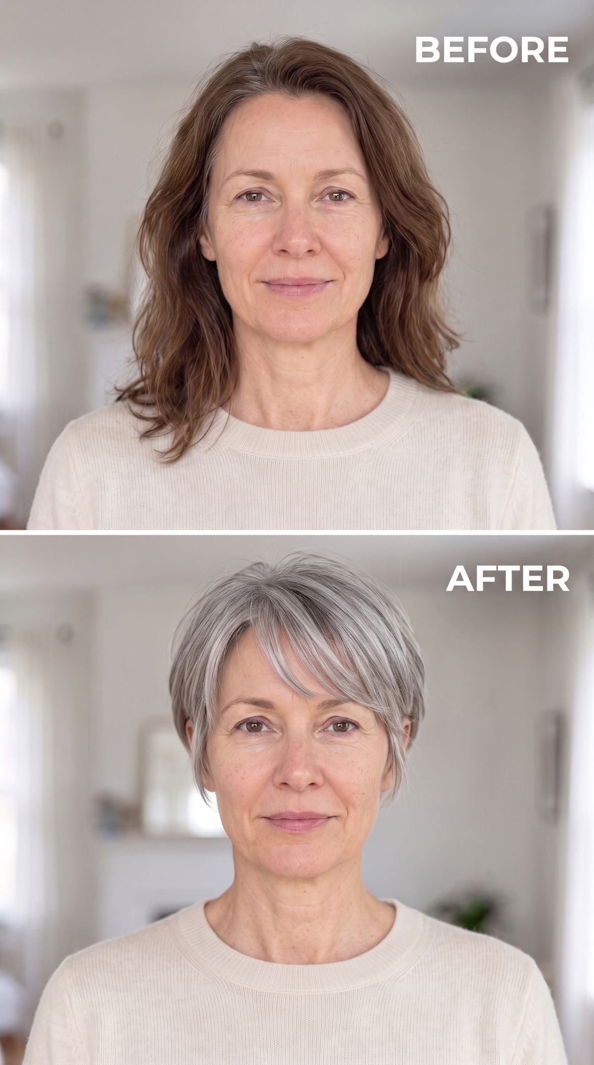 Silver pixie cut replacing longer brown wavy hair