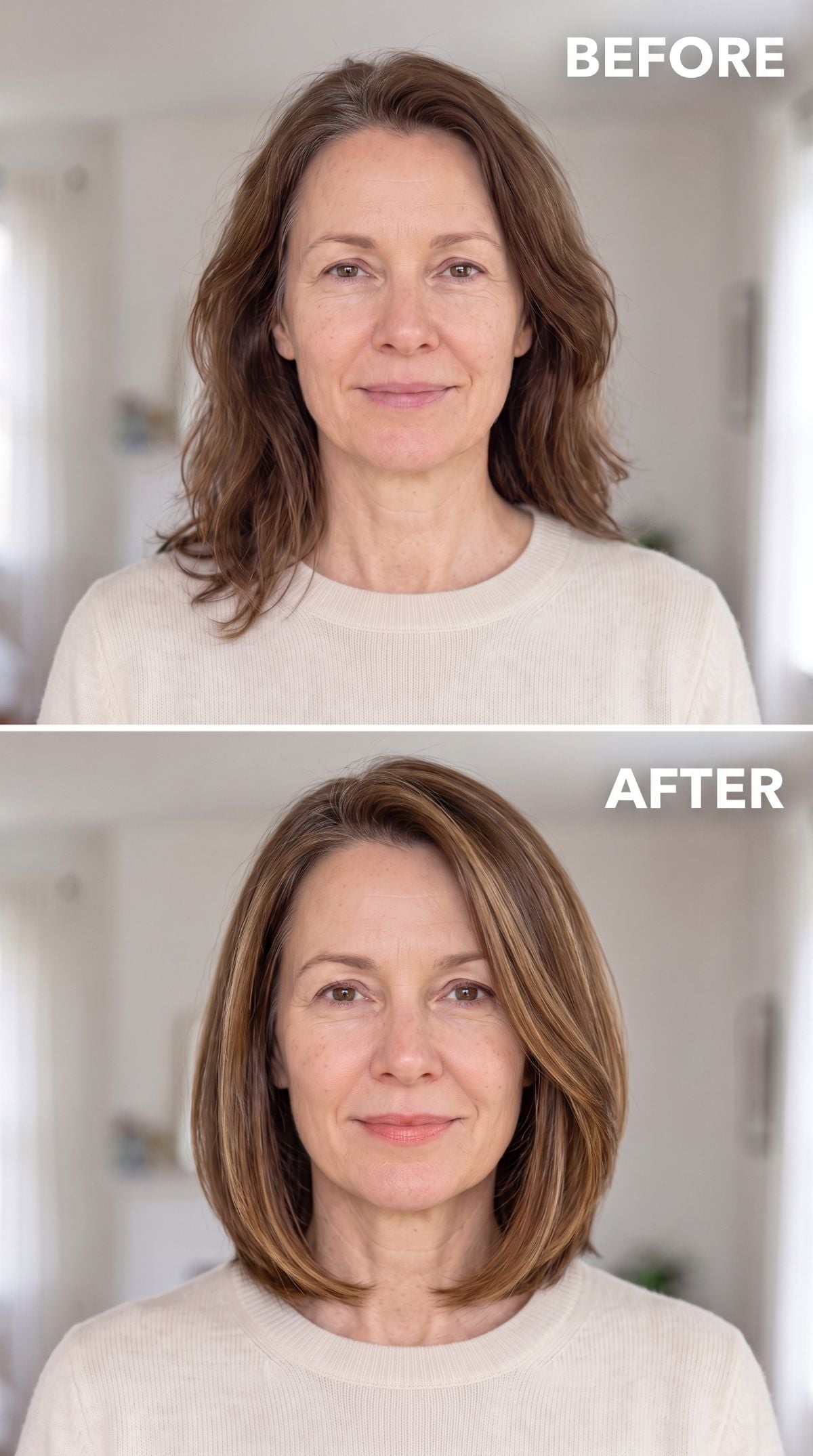 Chin-length brown bob with caramel highlights