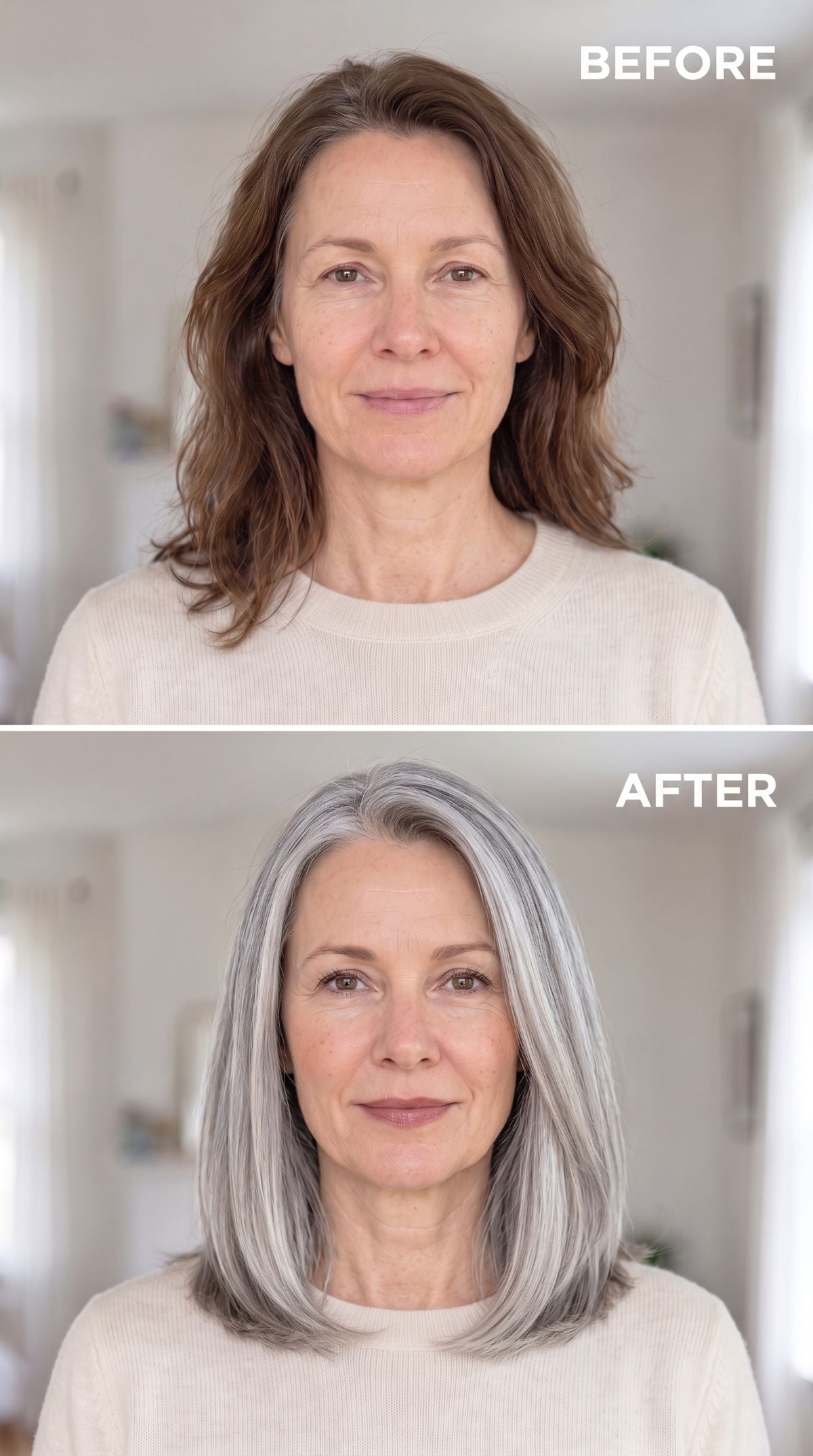 Silver-streaked shoulder-length bob with darker ash dimension