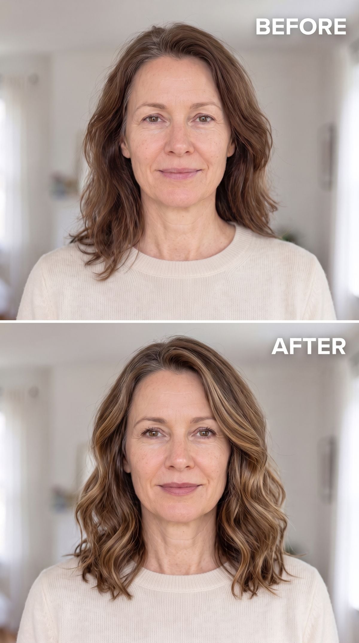 Shoulder-length wavy bob with blonde mid-length highlights
