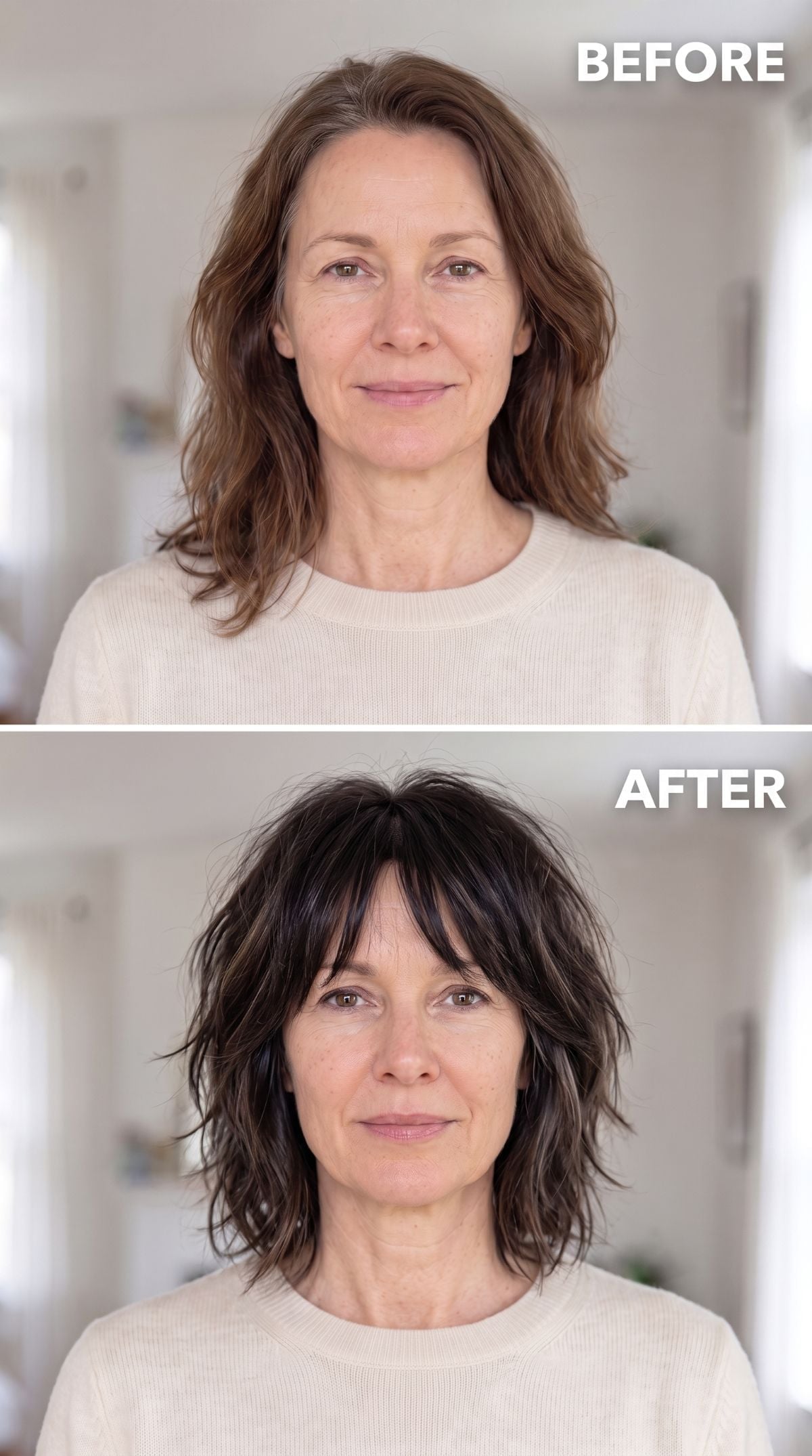 Dark chocolate shag with curtain bangs replacing medium brown waves