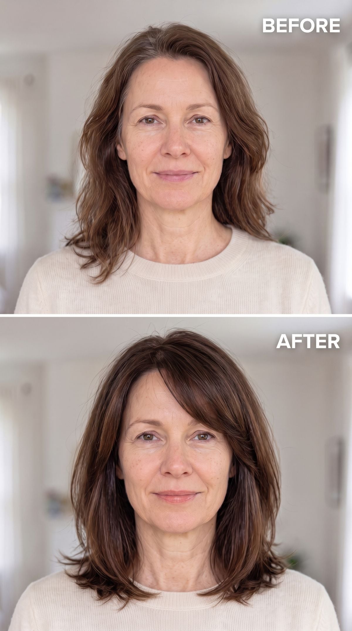 Deeper brunette mid-length hairstyle with curtain fringe and crown layers