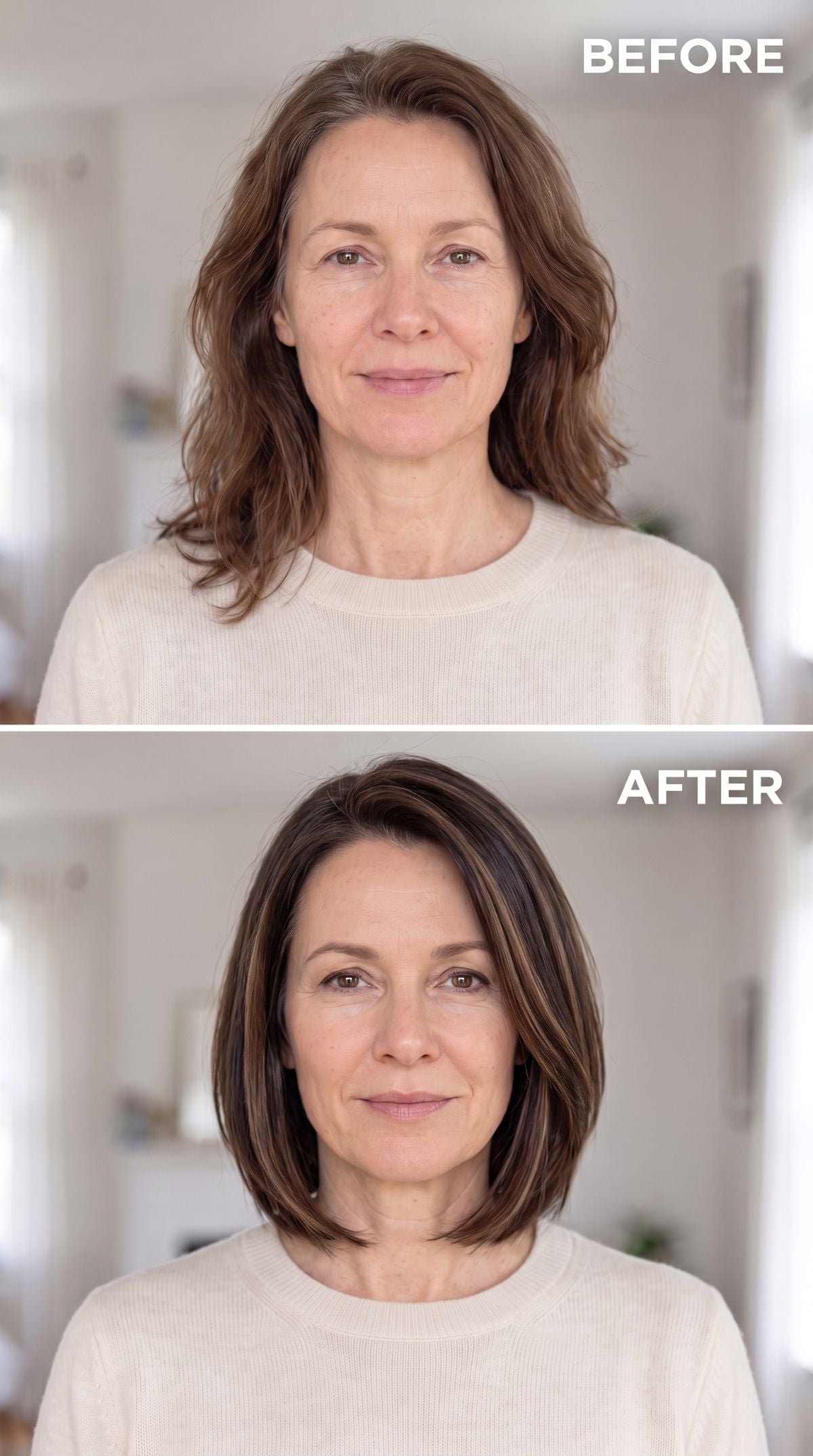 Blunt caramel-highlighted bob replacing longer brown waves