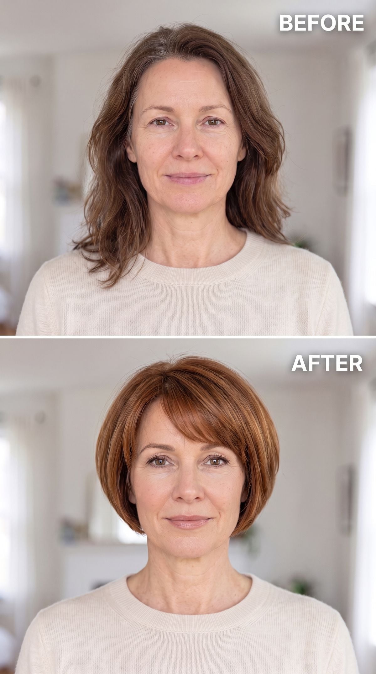 Graduated auburn-brown bob with side-swept fringe