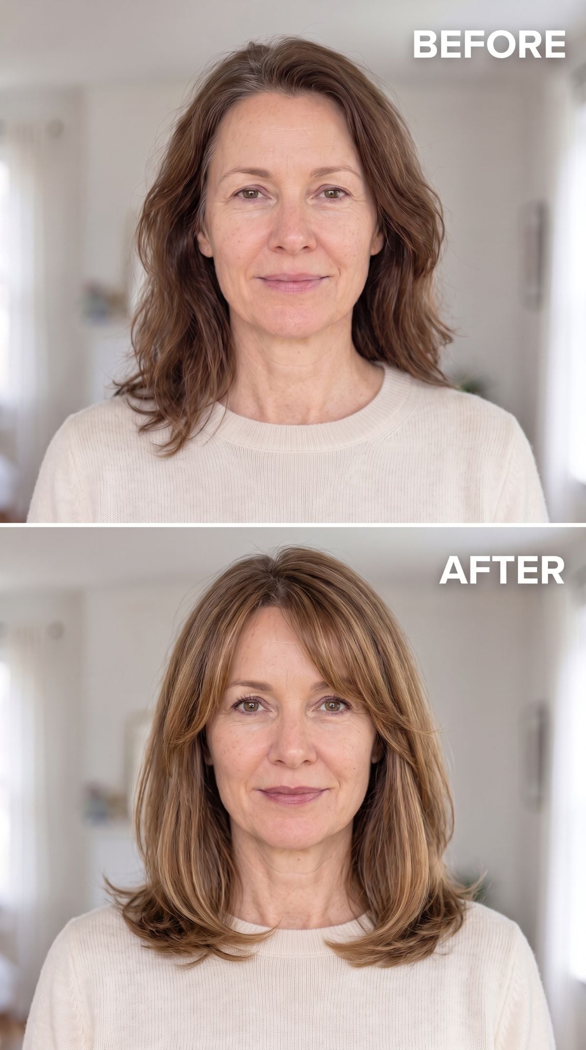 Mid-length hairstyle with soft bangs and honey highlights