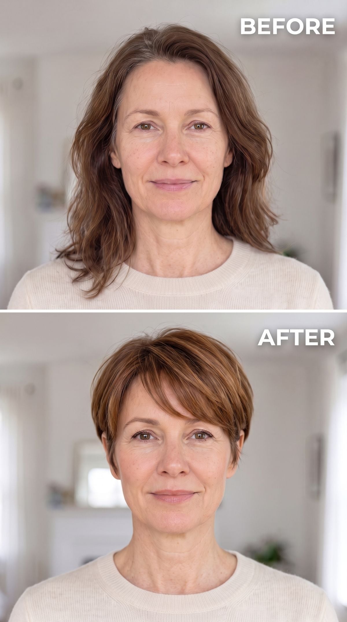Chestnut pixie bob with longer crown and side-swept fringe