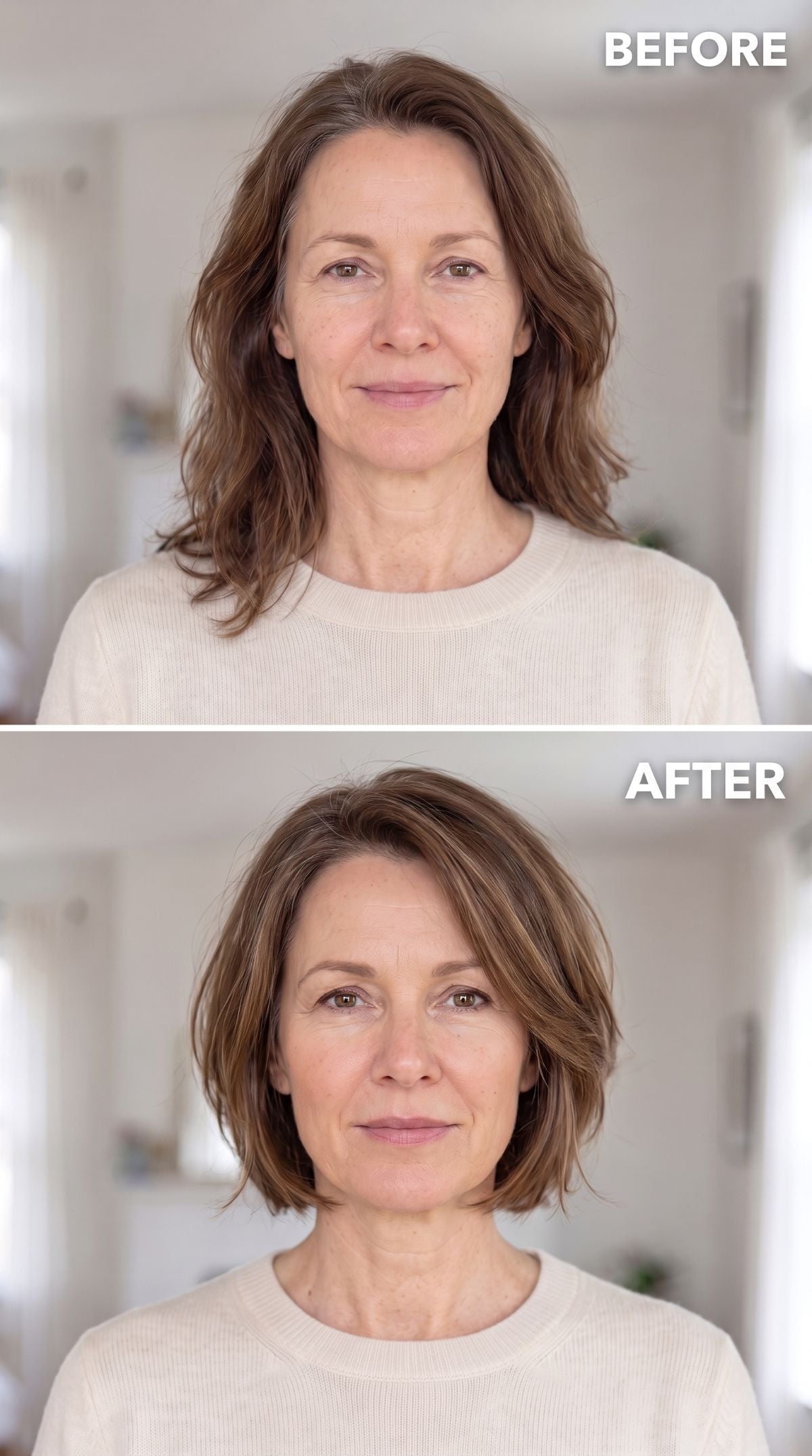 Warm brown chin-length bob with subtle lighter face-framing pieces