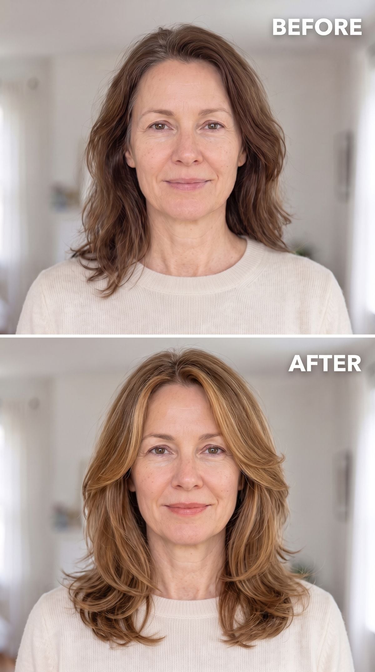 Shoulder-length honey-blonde layered hairstyle transformation