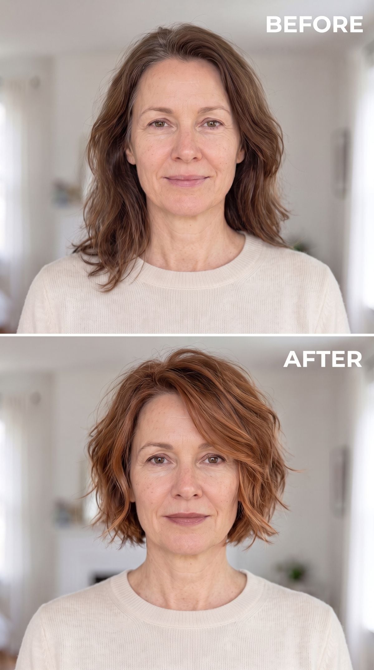 Copper choppy bob replacing longer brown wavy hair