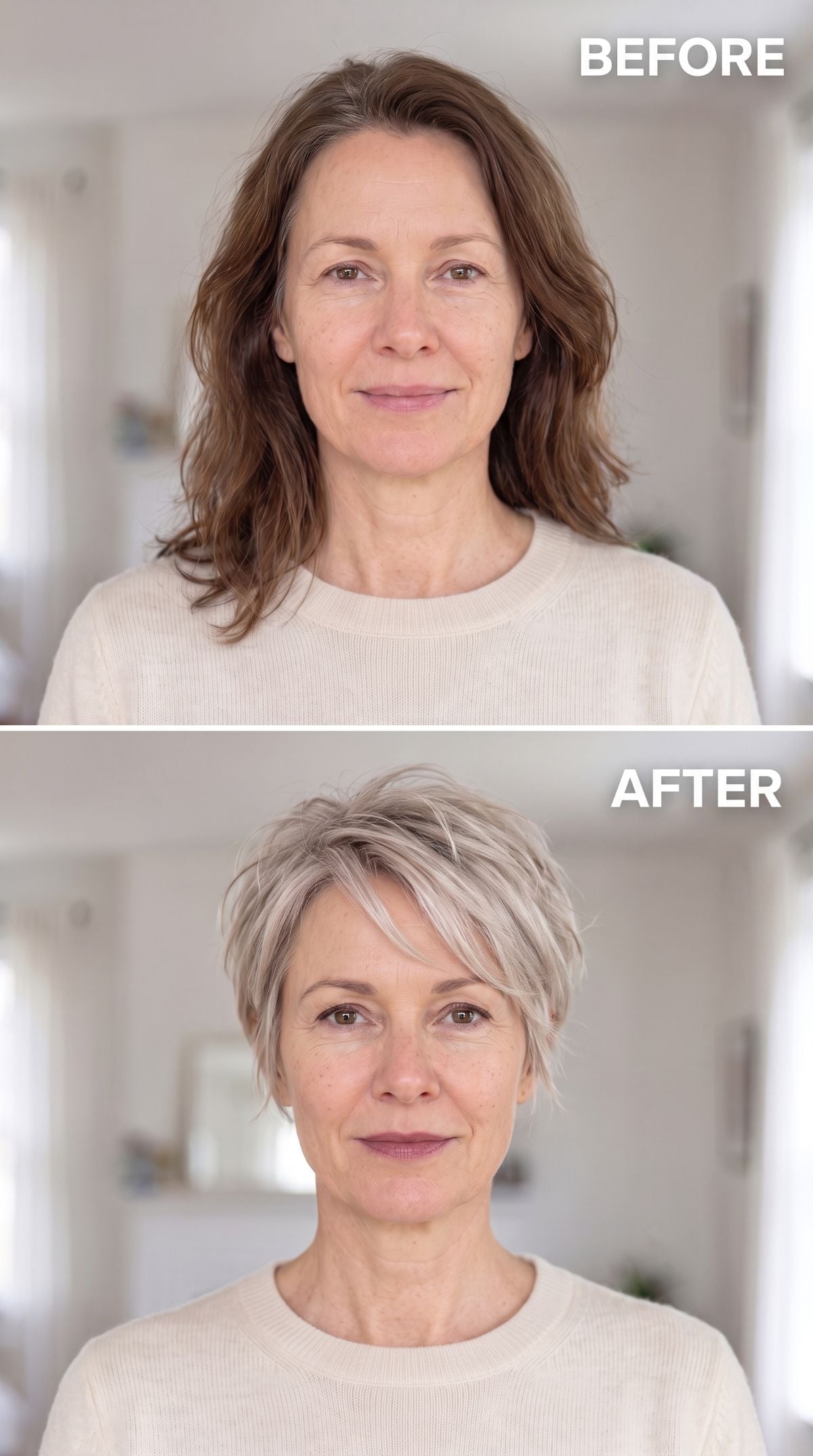 Platinum-ash pixie bob replacing shoulder-length brown waves