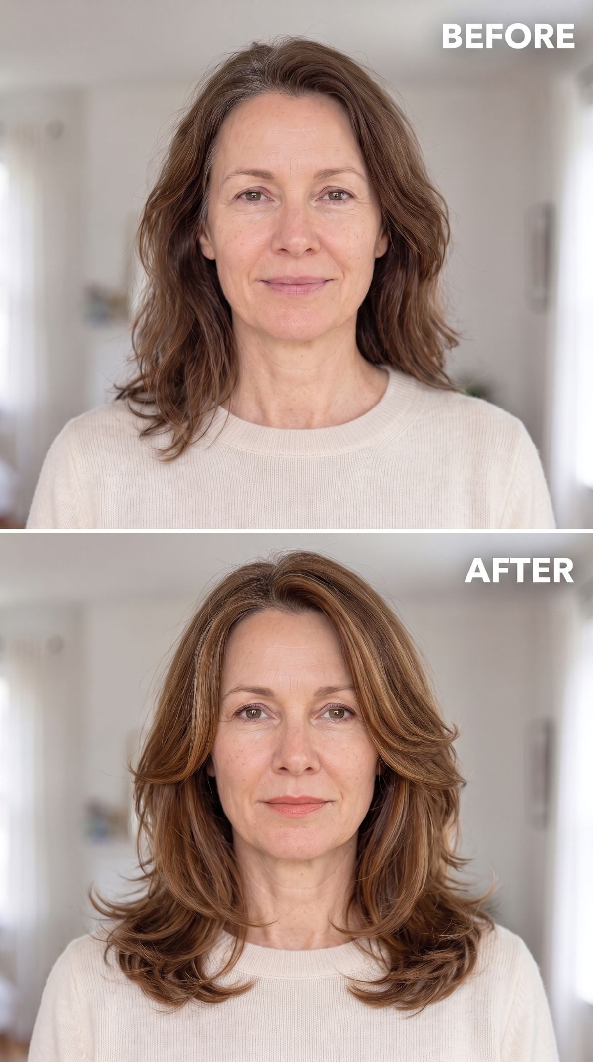 Shoulder-length layered hairstyle with fuller crown and caramel dimension