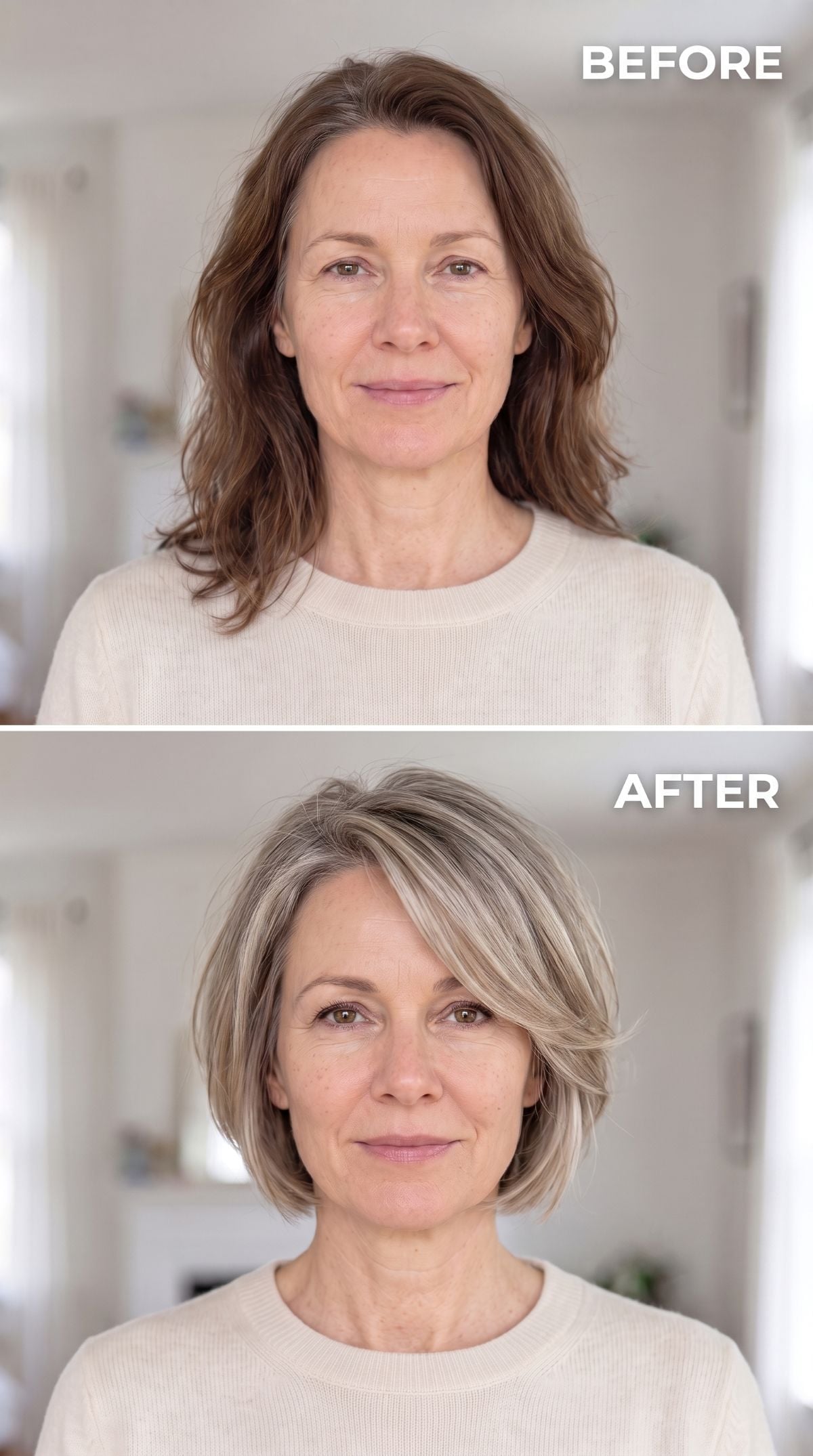 Chin-length ash-blonde bob with silver highlights and side part