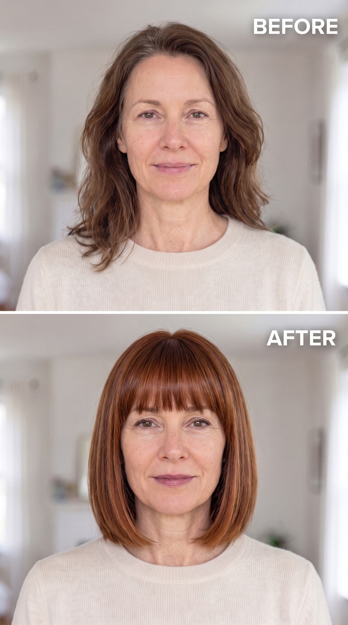 Copper jaw-length bob with straight bangs