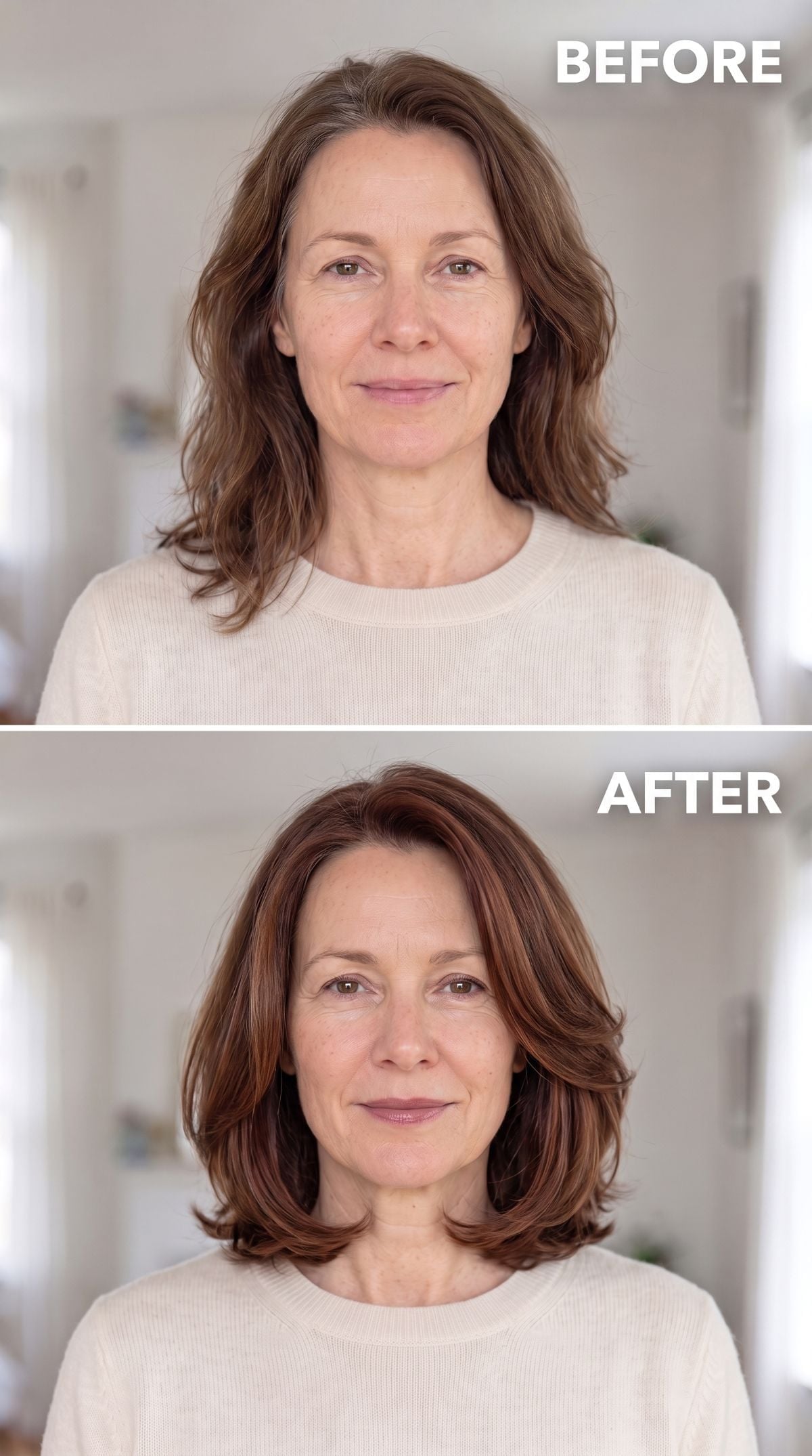 Warm auburn-brown sculpted bob with inward-curving ends