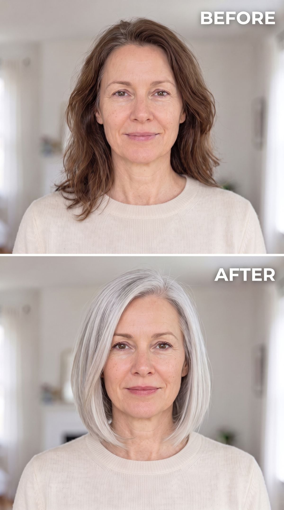 Sleek silver bob with blunt ends and a deep side part