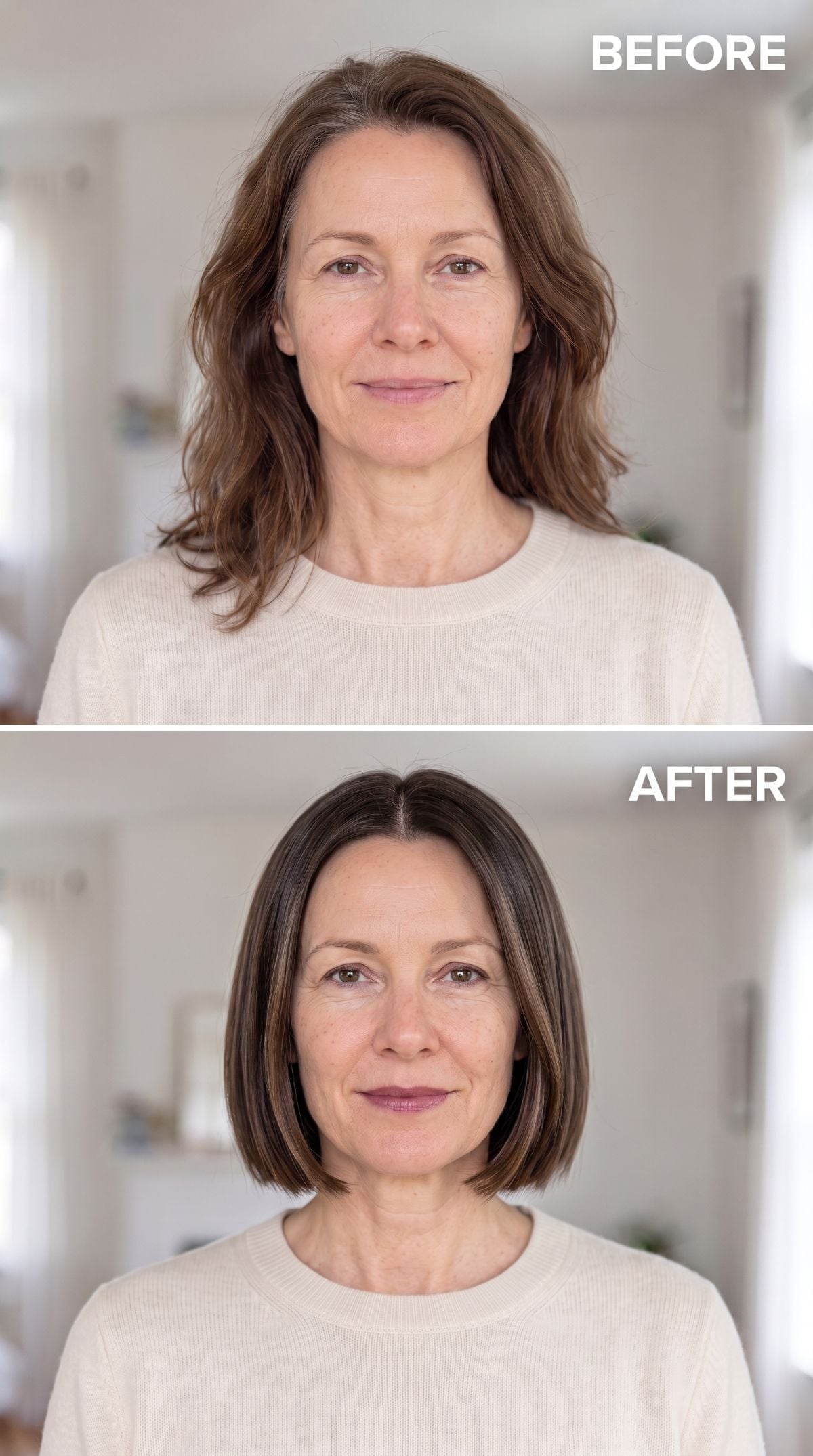 Blunt chin-length bob with a center part and subtle highlights