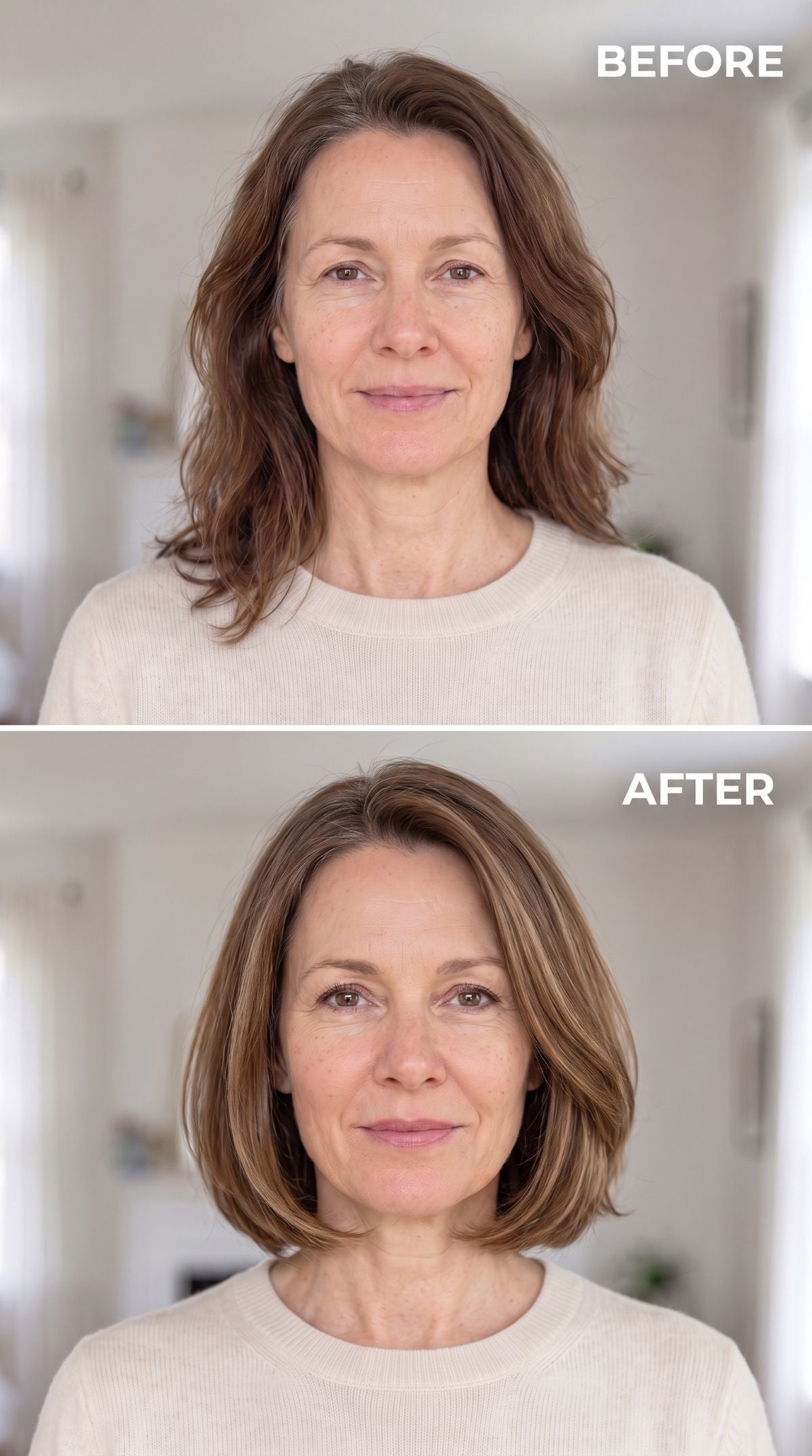 Sleek chin-length bob with honey highlights