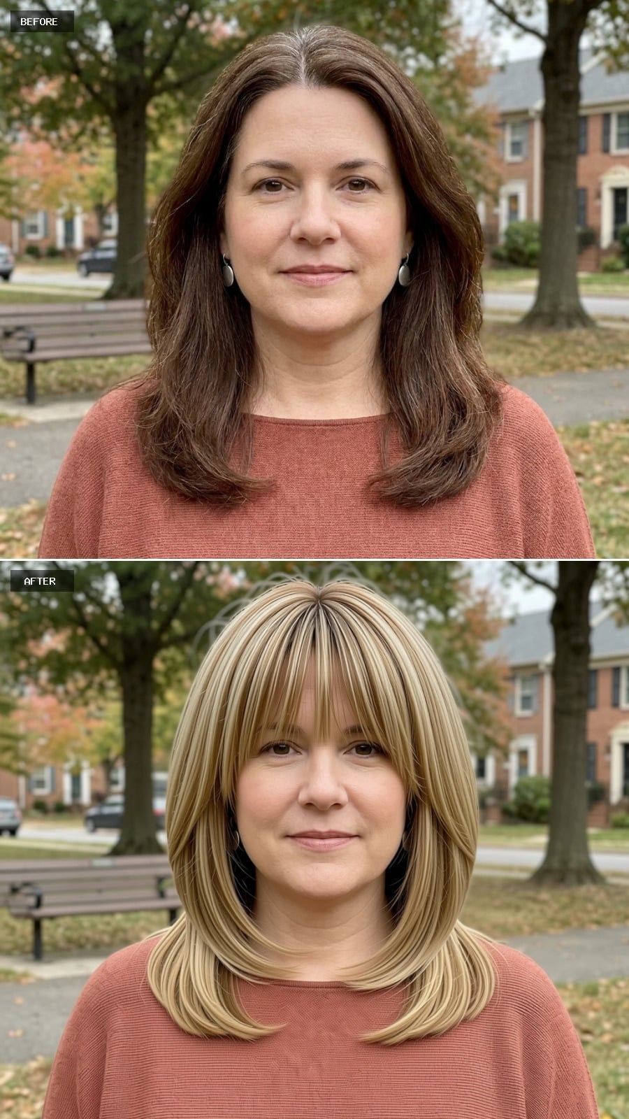 Blunt Bangs and Blonde Highlights That Visually Lift the Whole Face