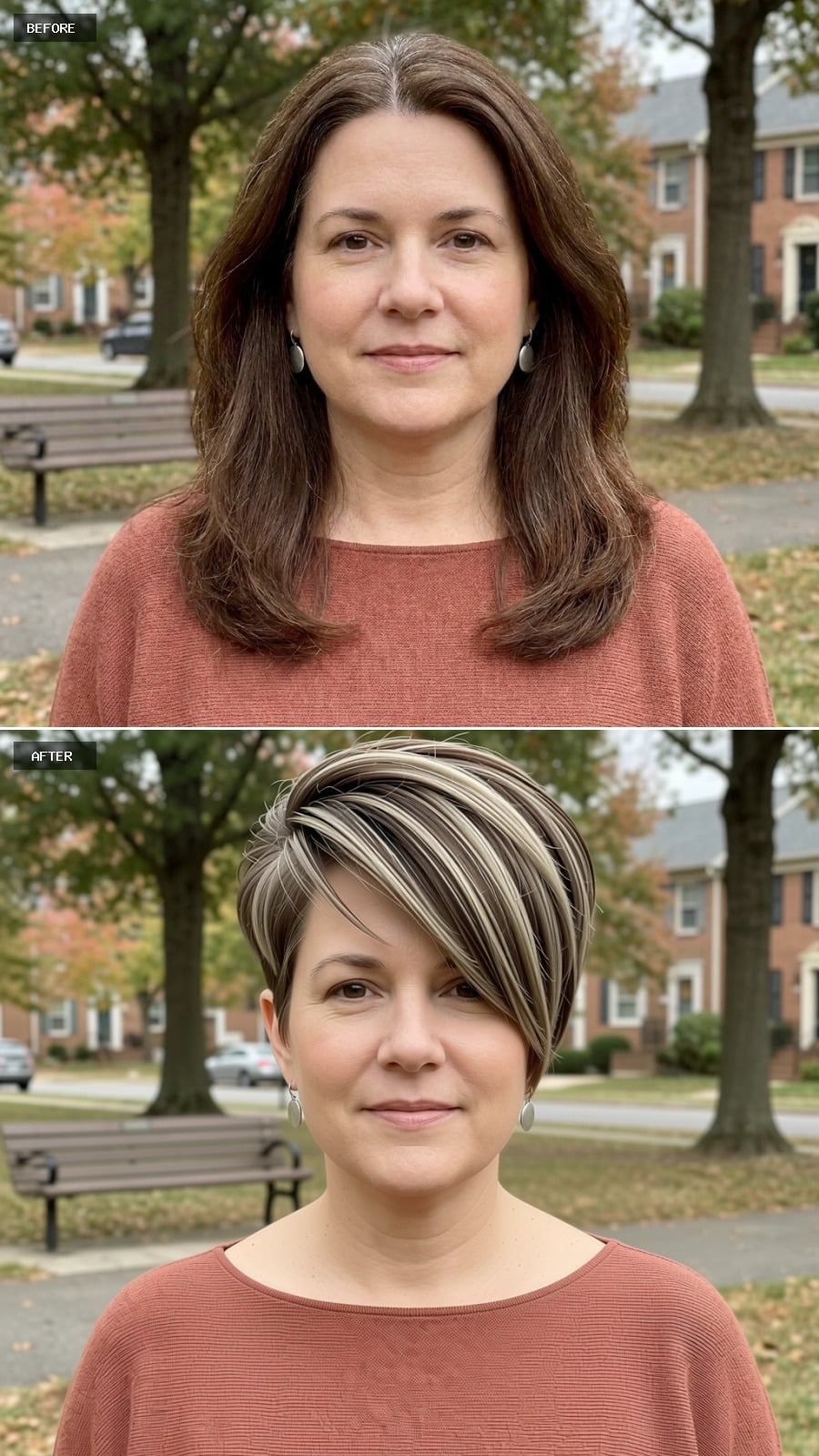 Chunky Highlights Cut Into a Pixie That Makes the Face Look Narrower