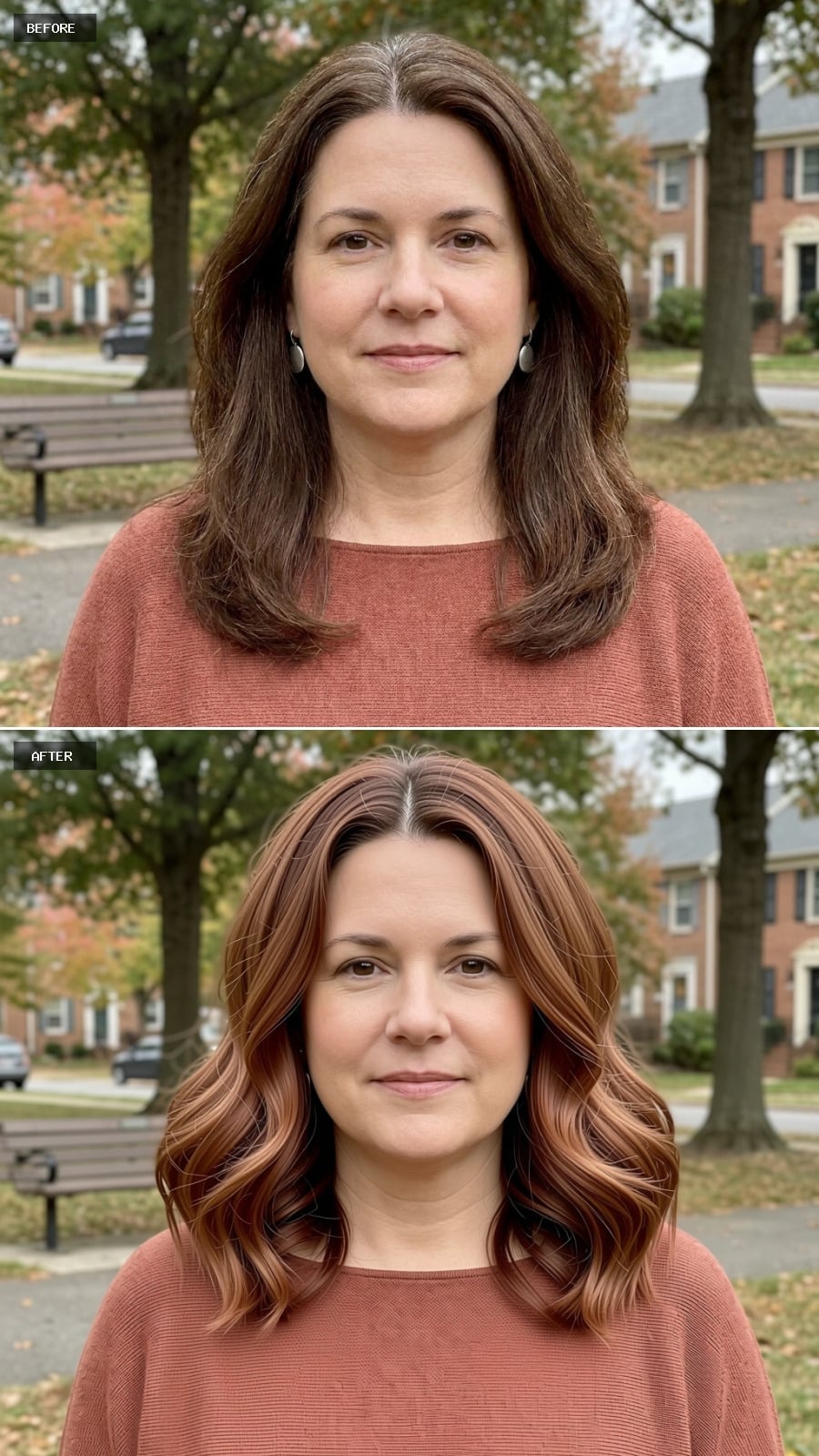 Copper Balayage With Soft Waves Pulls Width Away From the Center of the Face