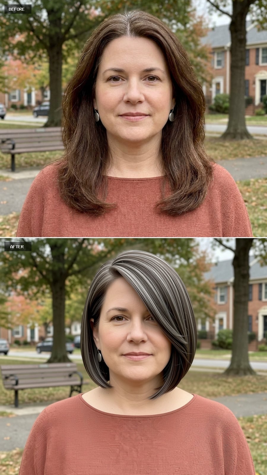 Salt-and-Pepper Highlights Cut Into a Bob That Actually Narrows the Face