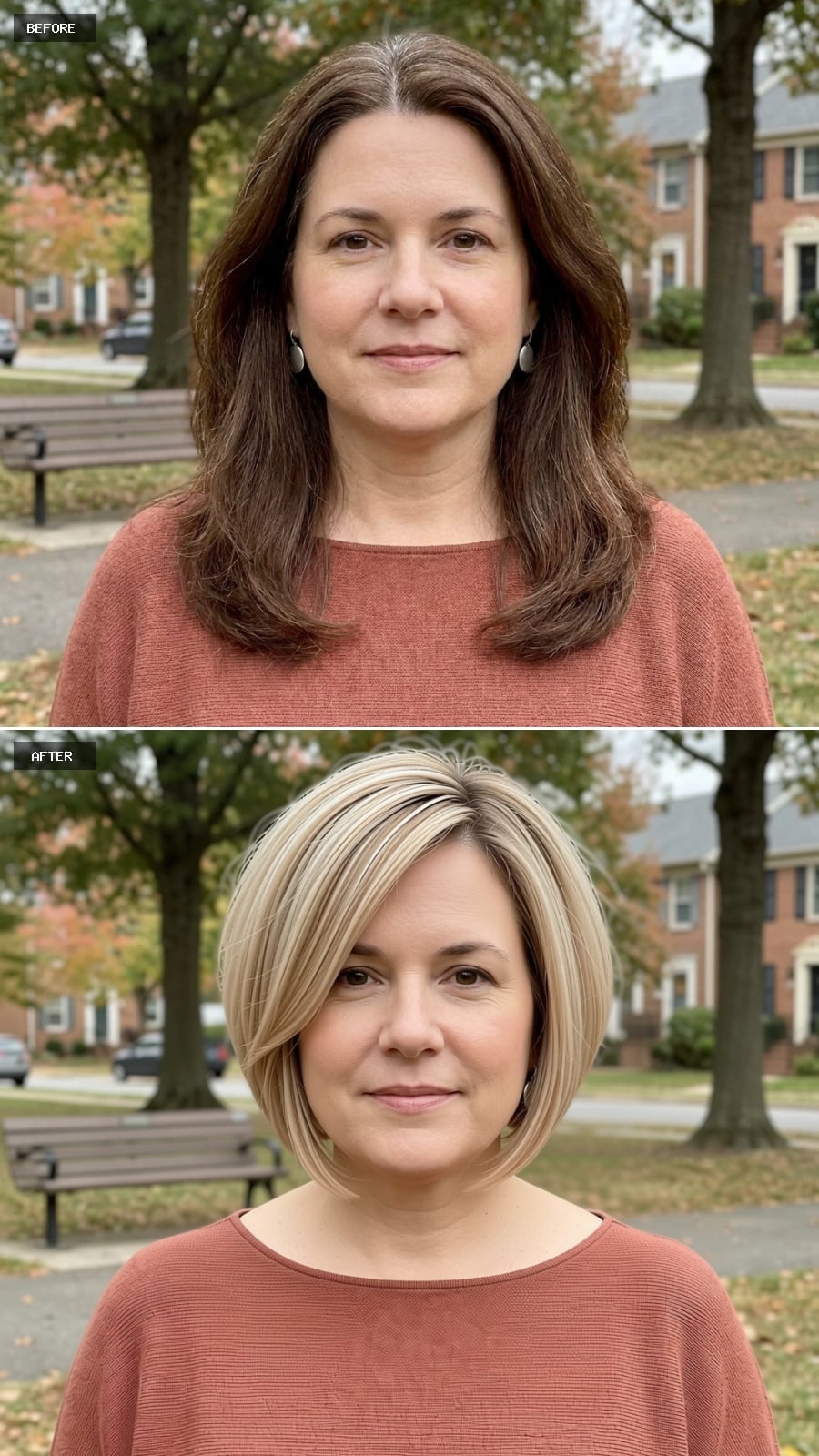Side-Swept Bob With Blonde Ribbons That Actually Narrow a Round Face