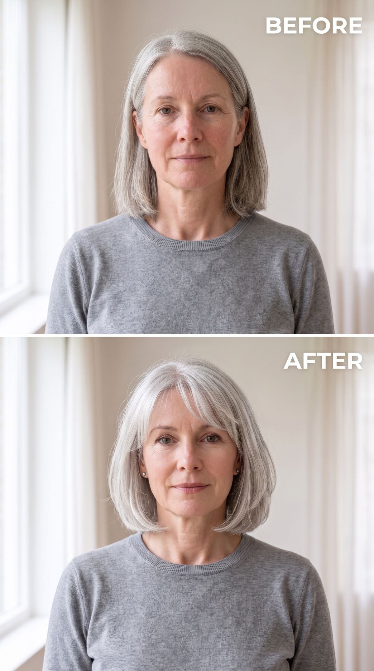 Long gray hair transformed into a silver bob with soft fringe