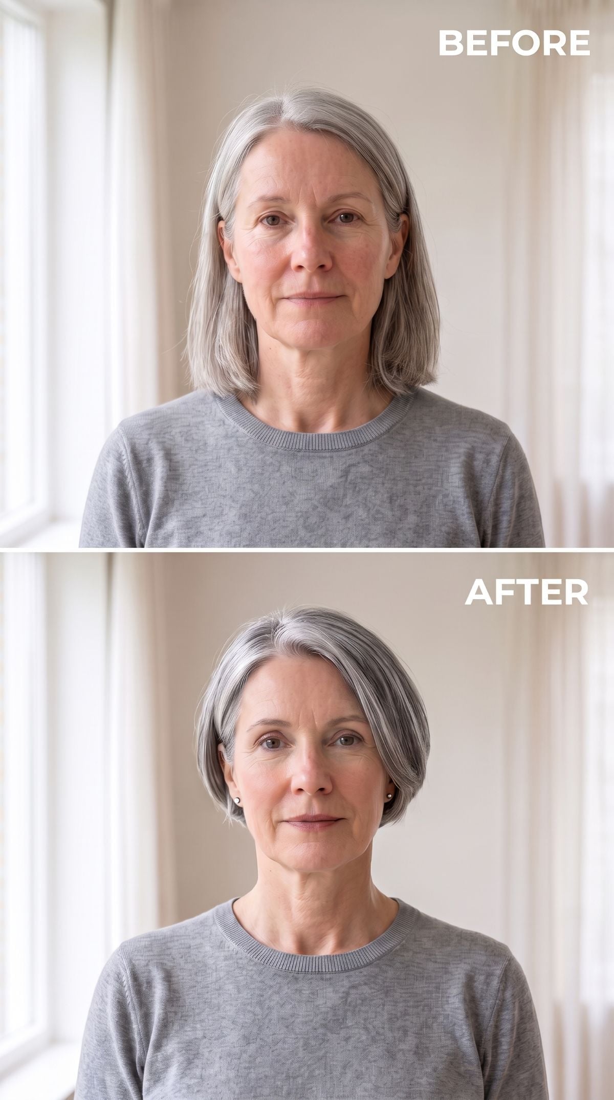 Long gray hair transformed into a softly layered gray bob